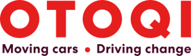 Logo von OTOQI mit dem Slogan "Moving cars. Driving change." in rot und lila.